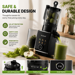 Hicloud 200W Juicer, Cold Press Juicer with 4.4" Large Feed Chute, Electronic 5-Speed Masticating Juicer Machines for Whole Vegetables & Fruits, High-yield Juice Maker, Easy Clean