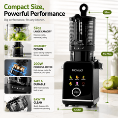 Hicloud 200W Juicer, Cold Press Juicer with 4.4" Large Feed Chute, Electronic 5-Speed Masticating Juicer Machines for Whole Vegetables & Fruits, High-yield Juice Maker, Easy Clean