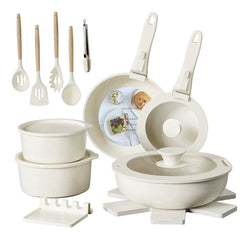 NULAS 21 Piece Pots and Pans Set Non Stick, Stackable RV Kitchen Cooking Set , Cookware Set with Detachable Handle, Dishwasher Safe, Oven Safe, Cream White