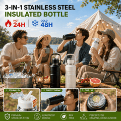 3-in-1 Insulated Water Bottle, 34oz Leakproof Stainless Steel Thermos with Straw & Spout Lid, 316 Stainless Steel Interior(Beige), Handle & Adjustable Strap for Work, Gym, Travel & Hot or Cold Drinks