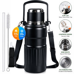 3-in-1 Insulated Water Bottle, 34oz Leakproof Stainless Steel Thermos with Straw & Spout Lid, 316 Stainless Steel Interior, Handle & Adjustable Strap for Work, Gym, Travel & Hot or Cold Drinks