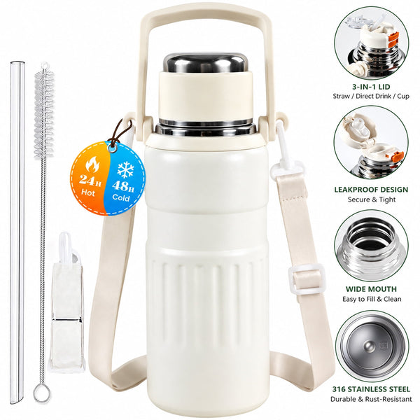 3-in-1 Insulated Water Bottle, 34oz Leakproof Stainless Steel Thermos with Straw & Spout Lid, 316 Stainless Steel Interior(Beige), Handle & Adjustable Strap for Work, Gym, Travel & Hot or Cold Drinks