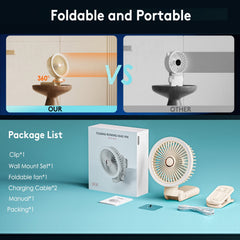 New 9000mAh 4-Speed Oscillating LED Desk Fan,Portable Stroller Fan/Foldable Hanging Clip Fans,Handheld Fans,Personal Rechargeable Small Fan for Home Travel Camping,11inch,Beige