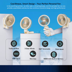 New 9000mAh 4-Speed Oscillating LED Desk Fan,Portable Stroller Fan/Foldable Hanging Clip Fans,Handheld Fans,Personal Rechargeable Small Fan for Home Travel Camping,11inch,Beige