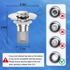 Bathroom Sink Drain Strainer (2PCS), Pop-up Sink Drain Strainer with Removable Stainless Steel Strainer Basket Hair Catcher, Bathroom Sink Strainer for Bathroom Sink Stopper Replacement.