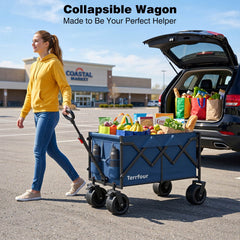 Terrfour Collapsible Wagon Cart with Tank Wheels, 580LBS Heavy Duty Folding Beach Wagon for Camping Garden Sports Shopping, Navy Blue