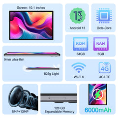 VEAT00L F11 Android 13 Tablet 2026, 6GB(4+2) RAM, 64GB ROM, 128GB Expand, Quad-Core Processor up to 2.0 GHz, Dual Camera, WiFi, BT, 6000mAh with Fast Charge, 1280x800 HD Touch Screen