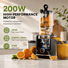 Hicloud 200W Juicer, Cold Press Juicer with 4.4" Large Feed Chute, Electronic 5-Speed Masticating Juicer Machines for Whole Vegetables & Fruits, High-yield Juice Maker, Easy Clean