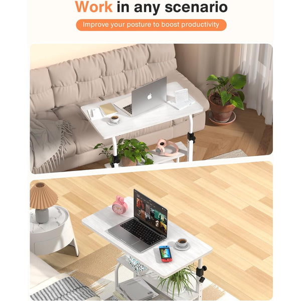 KLSMYHOKI Storage Portable Adjustable Height Desk, 32 Inch White Rolling Computer Desk for Home Office Small Study Spaces