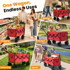 Terrfour 580LBS Collapsible Folding Wagon, Heavy Duty Utility Cart for Grocery, Shopping, Garden, Sports, Camping, Red