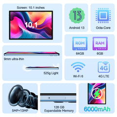 VEAT00L Tablet, 10.1 Inch IPS HD Android 13, 6GB RAM, 64GB Storage Expandable to 128GB, 5G Blue