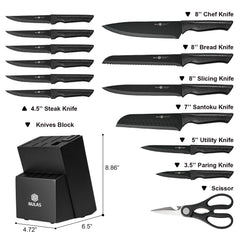 NULAS Knife Set, 14Piece Knife Sets for Kitchen with Block, Dishwasher Safe, Built in Sharpener Block, Black