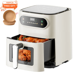Hicloud 7.5QT Air Fryer, 1600W Multifunction Airfryer with Visible Window, Adjustable Time＆Temperature, Nonstick, 85% Less Oil, 100Pcs Liner
