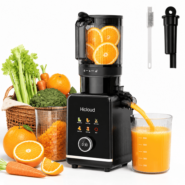 Hicloud 200W Juicer, Cold Press Juicer with 4.4" Large Feed Chute, Electronic 5-Speed Masticating Juicer Machines for Whole Vegetables & Fruits, High-yield Juice Maker, Easy Clean