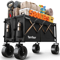 Terrfour Collapsible Folding Wagon, 580LBS Portable Heavy Duty Utility Cart for Grocery, Shopping, Garden, Sports, Camping, Black