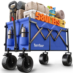 Terrfour Collapsible Wagon Cart, Folding Utility Heavy Duty Wagons for Grocery Sports Garden Shopping Camping, Blue