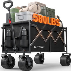 Terrfour Collapsible Wagon Cart with Tank Wheels, 580LBS Heavy Duty Folding Beach Wagon with Side Pocket for Camping Garden Sports Shopping, Black