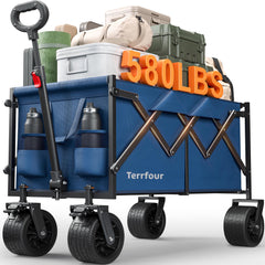 Terrfour Collapsible Wagon Cart with Tank Wheels, 580LBS Heavy Duty Folding Beach Wagon for Camping Garden Sports Shopping, Navy Blue