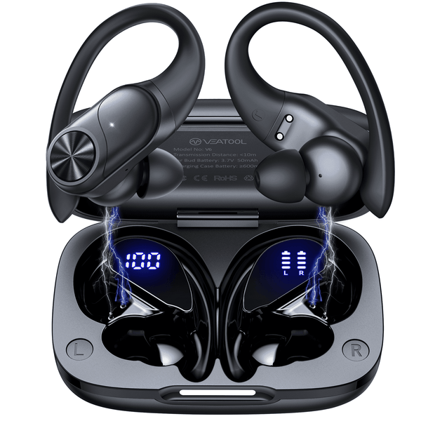 VEAT00L V6 Bluetooth Headphones Wireless Earbuds 88Hrs Playback Sport Ear Buds with Earhook Digital Display Charging Case IPX7 Waterproof Earbud Deep Bass Running Earphones for iOS Android Cellphone