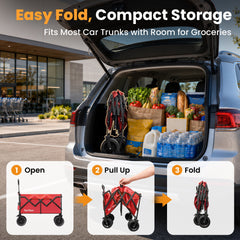 Terrfour 580LBS Collapsible Folding Wagon, Heavy Duty Utility Cart for Grocery, Shopping, Garden, Sports, Camping, Red