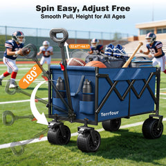 Terrfour Collapsible Wagon Cart with Tank Wheels, 580LBS Heavy Duty Folding Beach Wagon for Camping Garden Sports Shopping, Navy Blue