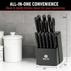 NULAS Knife Set, 14Piece Knife Sets for Kitchen with Block, Dishwasher Safe, Built in Sharpener Block, Black