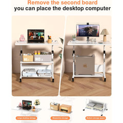 KLSMYHOKI Storage Portable Adjustable Height Desk, 32 Inch White Rolling Computer Desk for Home Office Small Study Spaces