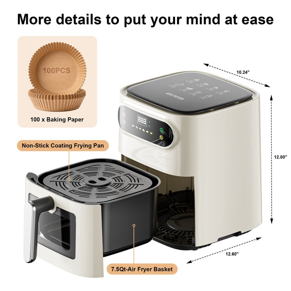Hicloud 7.5QT Air Fryer, 1600W Multifunction Airfryer with Visible Window, Adjustable Time＆Temperature, Nonstick, 85% Less Oil, 100Pcs Liner