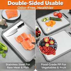 MoonSun 2 in 1 Stainless Steel Cutting Board for Kitchen, 16"x12" Double Sided, 304 Food-Grade for Meat + BPA-Free Wheat Straw for Veggies, Non-Slip Thick Board with Juice Groove, Large Size