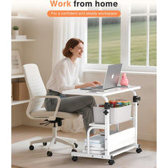 KLSMYHOKI Storage Portable Adjustable Height Desk, 32 Inch White Rolling Computer Desk for Home Office Small Study Spaces