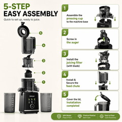 Hicloud 200W Juicer, Cold Press Juicer with 4.4" Large Feed Chute, Electronic 5-Speed Masticating Juicer Machines for Whole Vegetables & Fruits, High-yield Juice Maker, Easy Clean