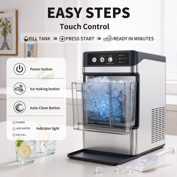 Hicloud Nugget Ice Maker Countertop, Soft Chewable Ice Maker Machine with Water Tank & Ice Scoop, 8-10 Minute First Ice, 44 lbs/24H, Auto-Cleaning, Suitable for Home/Office/Gatherings